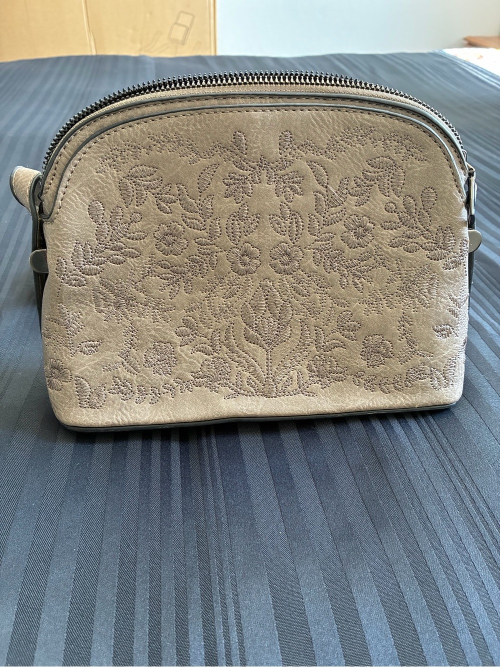 Embroidered Taupe Leather Crossbody Bag